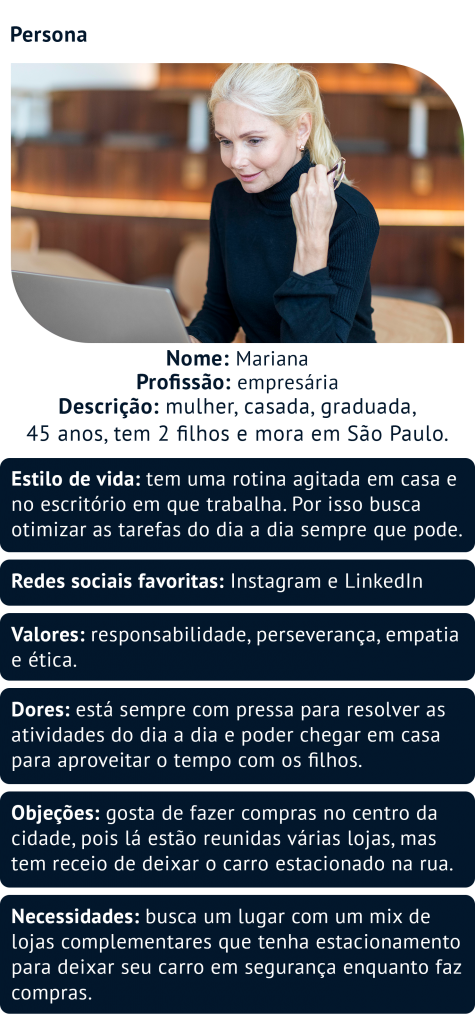Persona: Nome: Mariana Descrição: mulher, casada, graduada, 45 anos, tem 2 filhos e mora em São Paulo. Profissão: empresária Estilo de vida: tem uma rotina agitada em casa e no escritório em que trabalha. Por isso busca otimizar as tarefas do dia a dia sempre que pode. Redes sociais favoritas: Instagram e LinkedIn. Valores: responsabilidade, perseverança, empatia e ética. Dores: está sempre com pressa para resolver as atividades do dia a dia e poder chegar em casa para aproveitar o tempo com os filhos. Objeções: gosta de fazer compras no centro da cidade, pois lá estão reunidas várias lojas, mas tem receio de deixar o carro estacionado na rua. Necessidades: busca um lugar com um mix de lojas complementares que tenha estacionamento para deixar seu carro em segurança enquanto faz compras. 