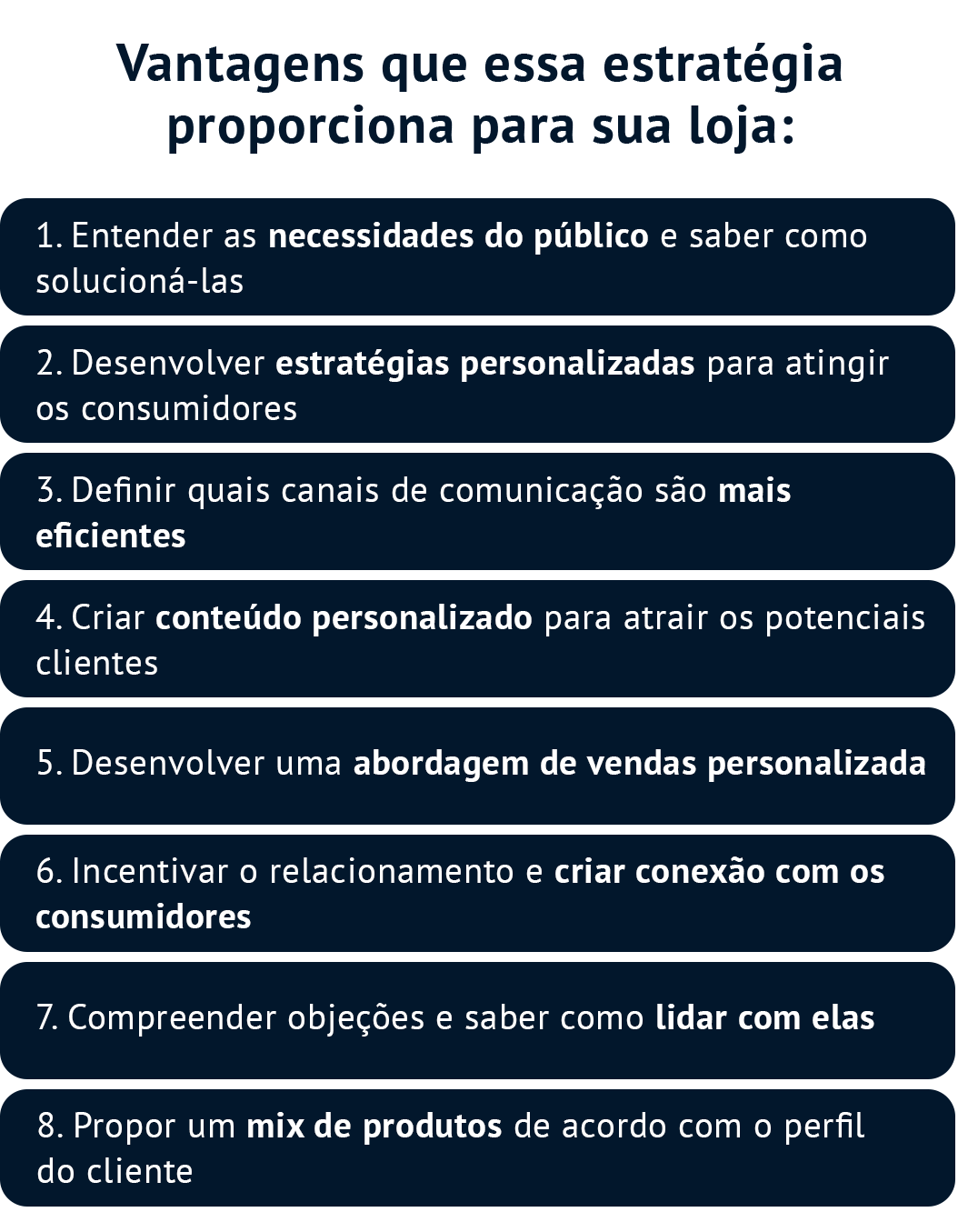 Vantagens que essa estratégia proporciona para sua loja: 1. Entender as necessidades do público e saber como solucioná-las 2. Desenvolver estratégias personalizadas para atingir os consumidores 3. Definir quais canais de comunicação são mais eficientes 4. Criar conteúdo personalizado para atrair os potenciais clientes 5. Desenvolver uma abordagem de vendas personalizada 6. Incentivar o relacionamento e criar conexão com os consumidores 7. Compreender objeções e saber como lidar com elas 8. Propor um mix de produtos de acordo com o perfil do cliente 