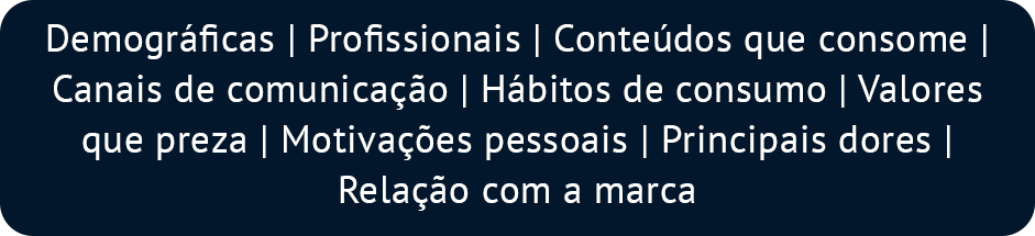 Demográficas | Profissionais | Conteúdos que consome | Canais de comunicação | Hábitos de consumo | Valores que preza | Motivações pessoais | Principais dores | Relação com a marca 
