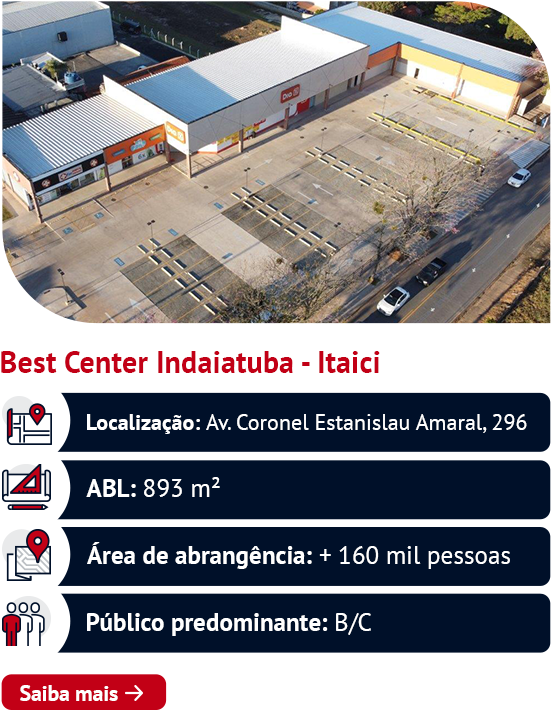 Best Center Indaiatuba - Itaici Localização: Av. Coronel Estanislau Amaral, 296 ABL: 893 m² Área de abrangência: + 160 mil pessoas Público predominante: B/C. Saiba mais ➜
