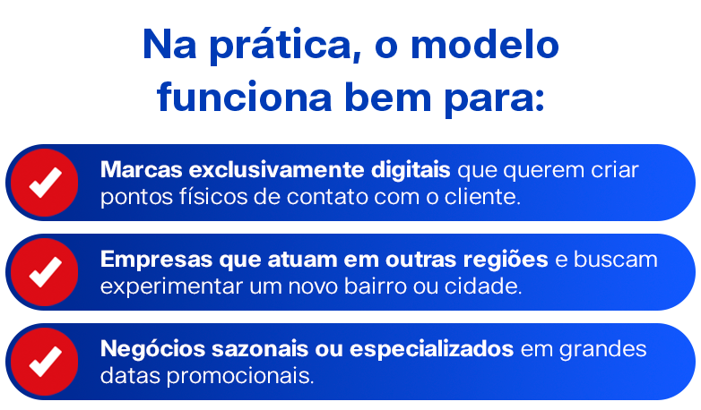 Na prática, o modelo funciona bem para: Marcas exclusivamente digitais que querem criar pontos físicos de contato com o cliente. Empresas que atuam em outras regiões e buscam experimentar um novo bairro ou cidade. Negócios sazonais ou especializados em grandes datas promocionais. 